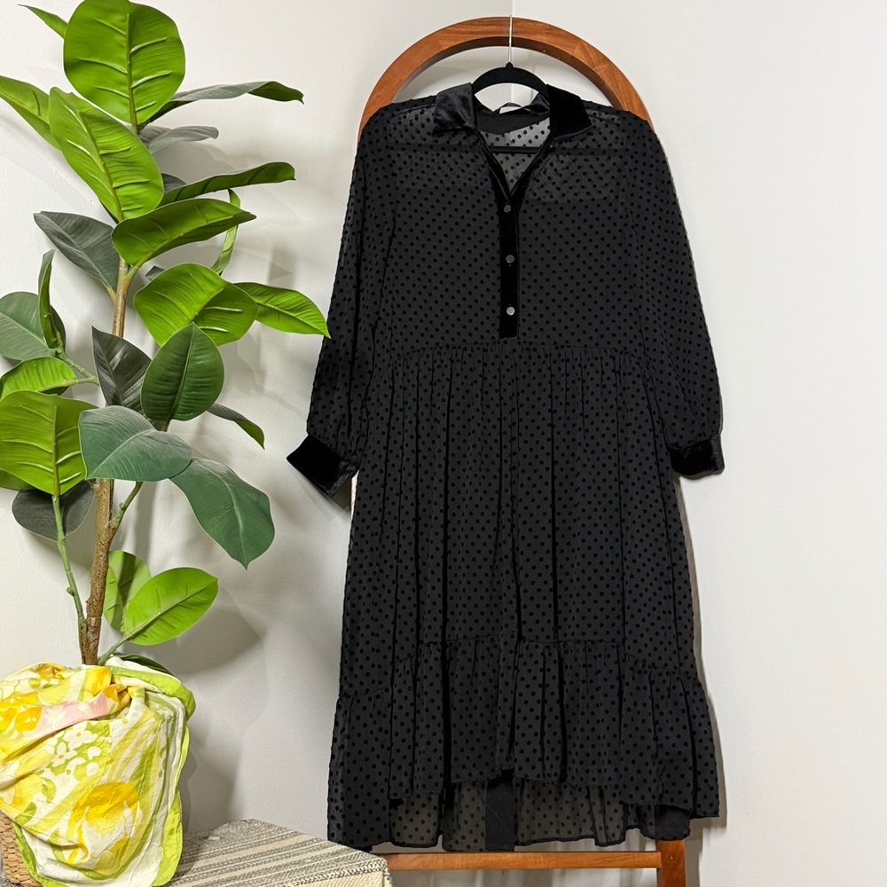 Zara SMALL Black Velvet Trim Flocked Polka Dot Long Sleeve Sheer Dress